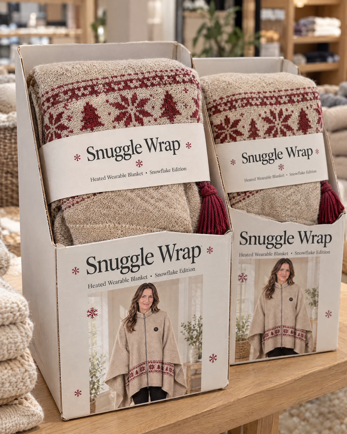 Snuggle Wrap gift packaging with the folded wrap in its printed sleeve