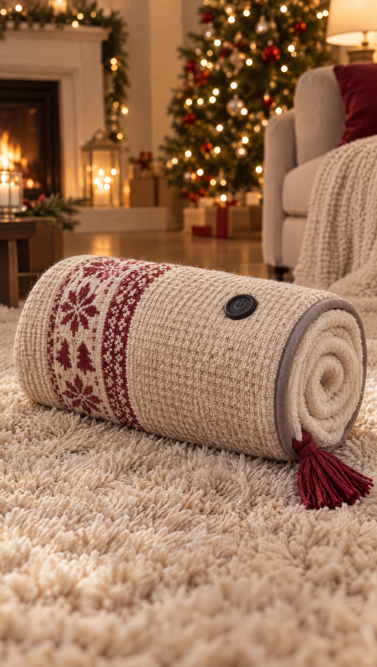Snuggle Wrap rolled up showing the plush waffle knit, snowflake band, heat button and fleece lining