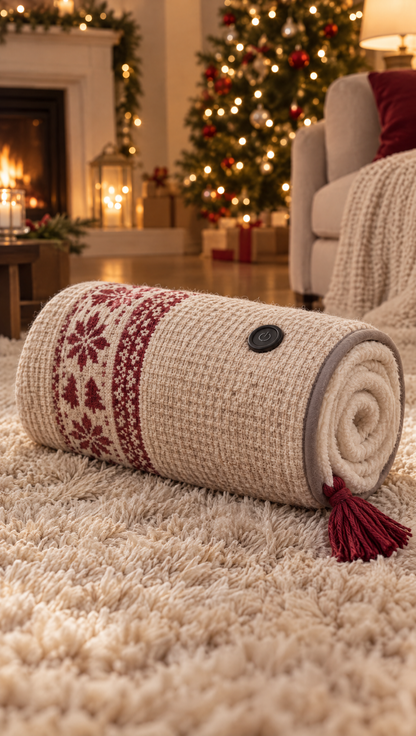 Snuggle Wrap rolled up showing the plush waffle knit, snowflake band, heat button and fleece lining