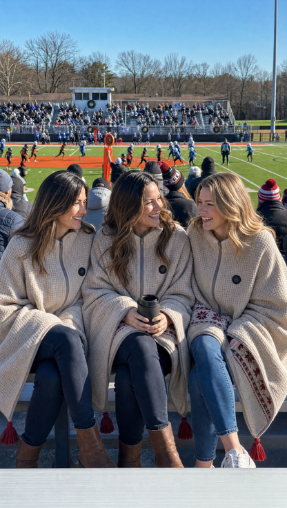 Moms wearing Snuggle Wraps on the bleachers at a cold youth football game