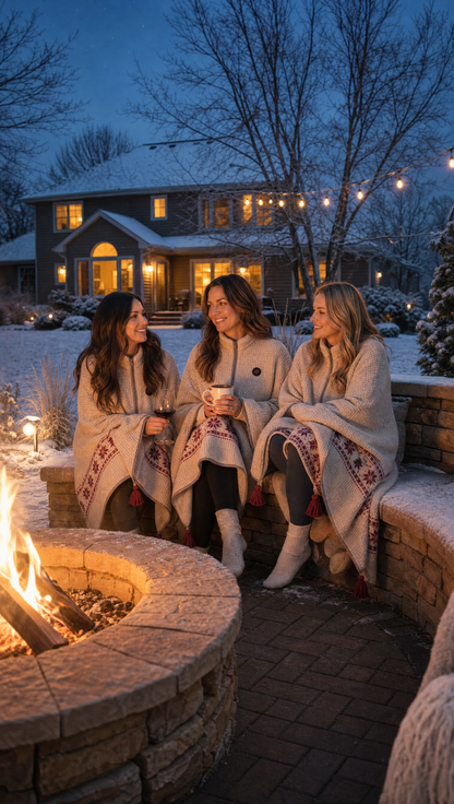 Three friends wearing Snuggle Wraps around a backyard fire pit on a snowy evening