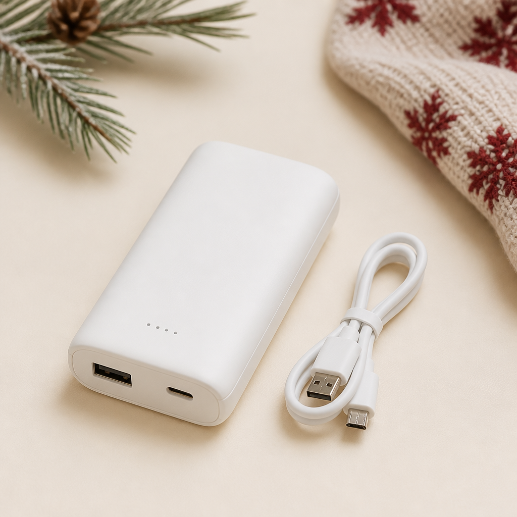 Compact white USB power bank with charging cable for the Snuggle Wrap heated wrap